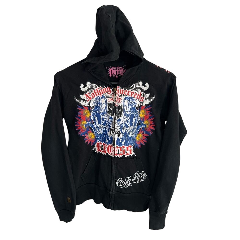 VTG Y2K Blac Label Hoodie Punk Goth Emo Cyber Red Spine Skater Zip-Up | Size: S